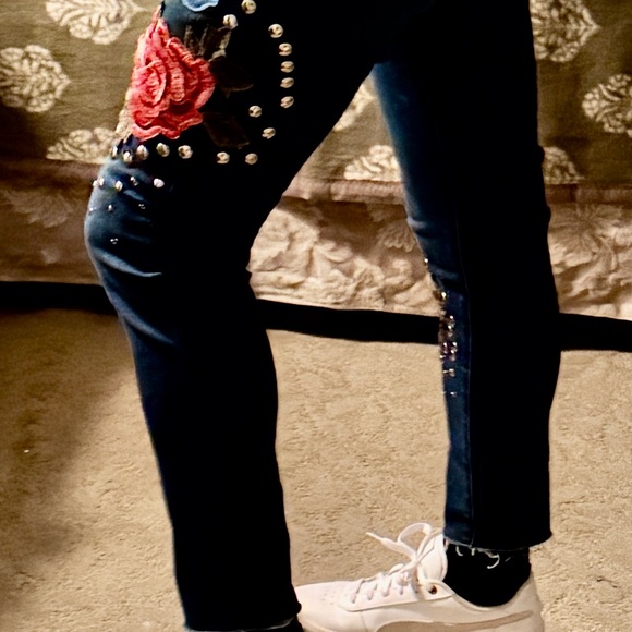 Boom Boom Jeans Dark Blue Skinny Jeans with Red & Light Blue Floral Appliqué - Picture 7 of 9
